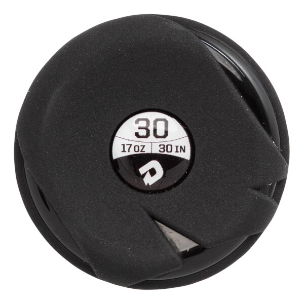 Top-down view of a black softball bat with a 30 size indicator, 17 OZ, and 30 IN labels.