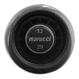 Top-down view of a black baseball bat end cap with marucci logo, 32, and 29 markings.