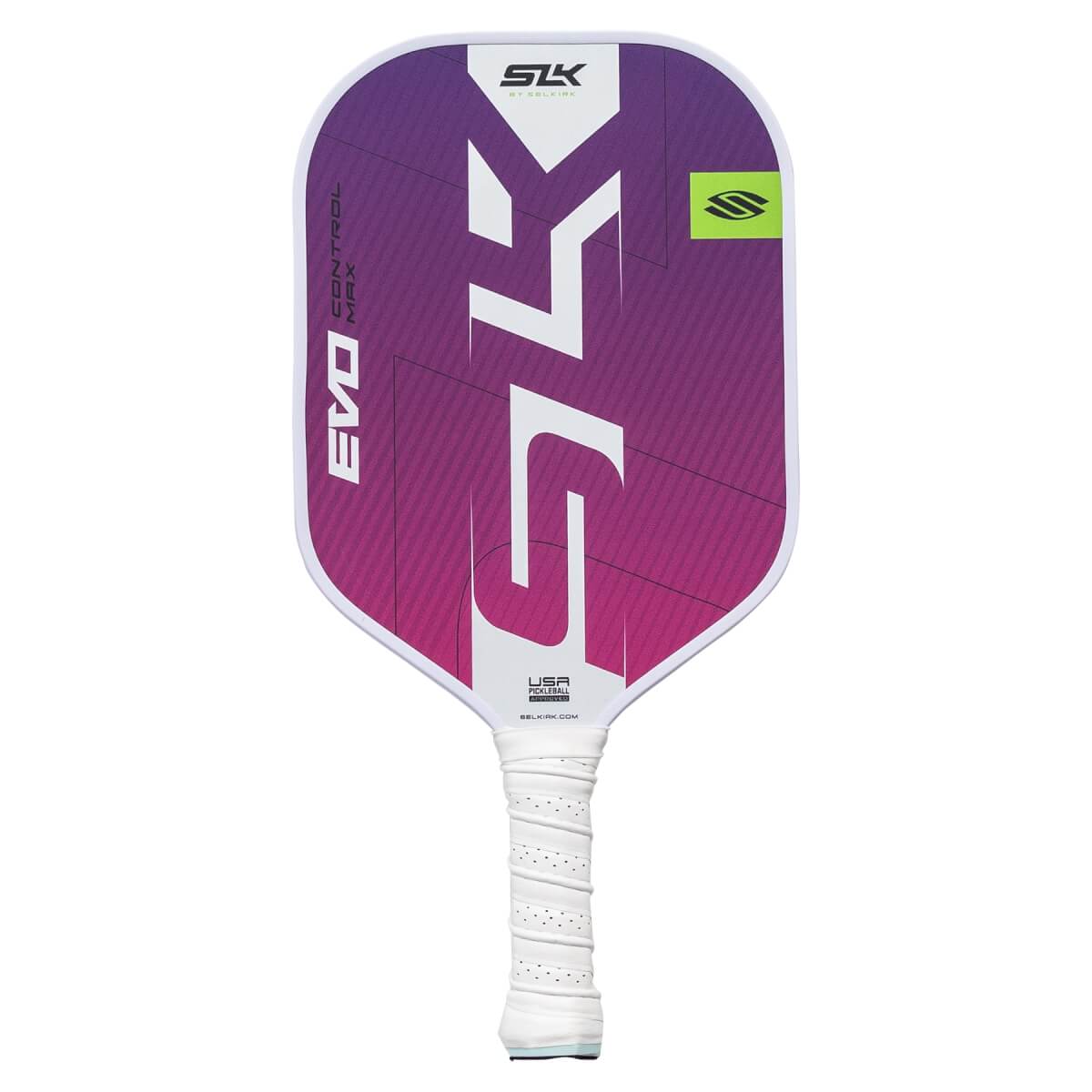 Front view of a purple and white pickleball paddle with large white SLK logo and EVO CONTROL MAX text.