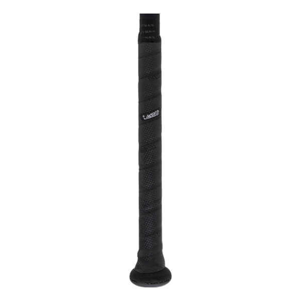 Close-up of a black baseball bat handle with textured grip tape, a white Lizard Skins logo, and a black knob.