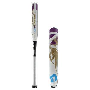 Side view of a white fastpitch softball bat with purple and gold graphics and DeMarini branding.