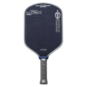 Front view of a dark blue pickleball paddle with J2K logo, Sword Shield graphic, and gray grip.