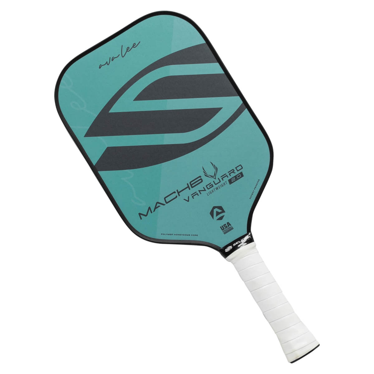 Top-down view of a teal pickleball paddle with a white grip, black S logo, and MACH6 VANGUARD 2.0 text.