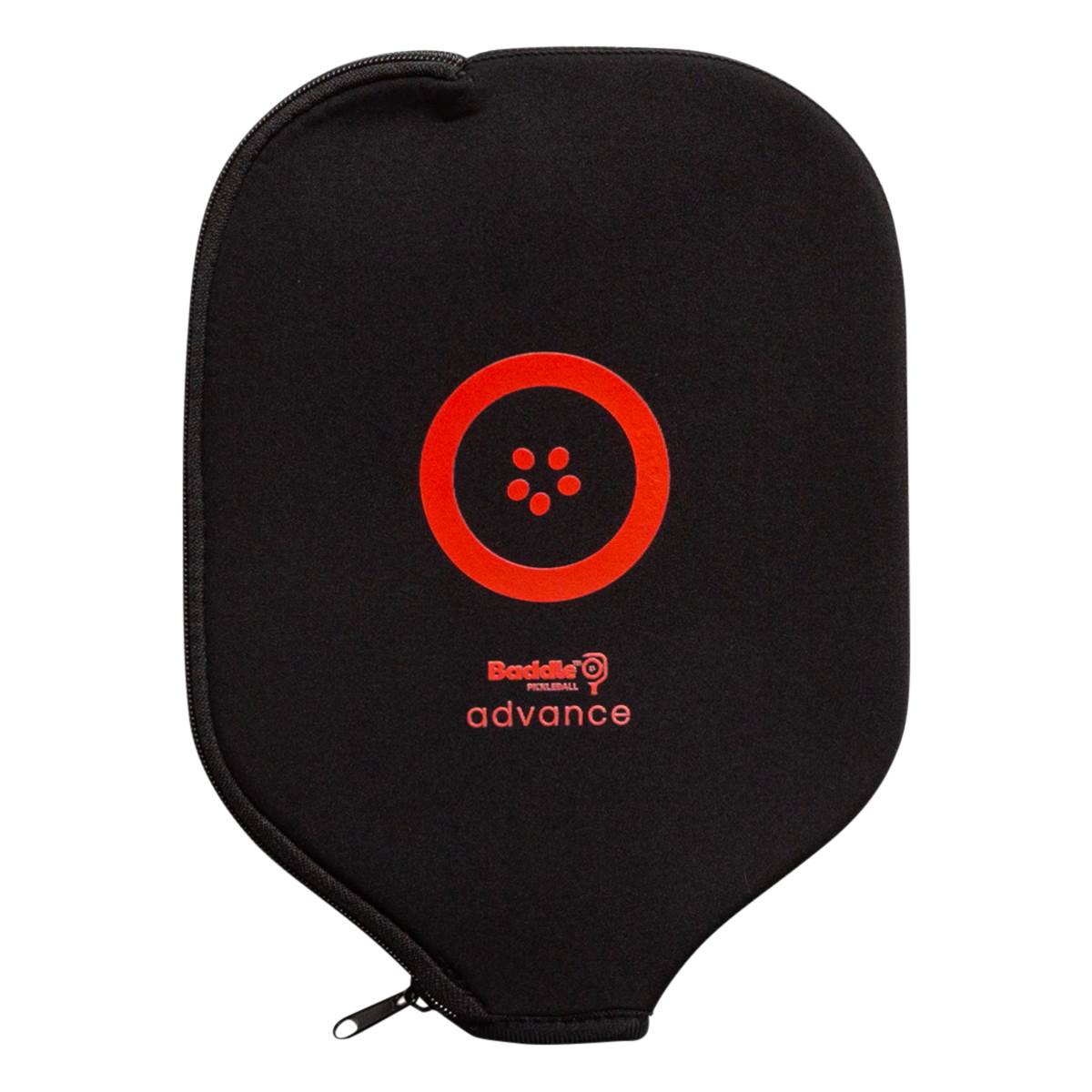 Front view of a black pickleball paddle case with a red circular logo and Baddle advance text.