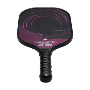 Front view of a black pickleball paddle with pink wave design, WAVE TEMPEST text, and PADDLETEK logo.