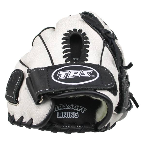 Front view of a white and black baseball glove with TPS logo and TRASOFT LINING text.