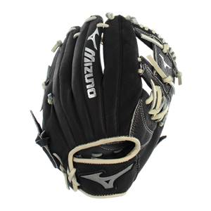 Side view of a black baseball glove with white Mizuno branding and lacing.