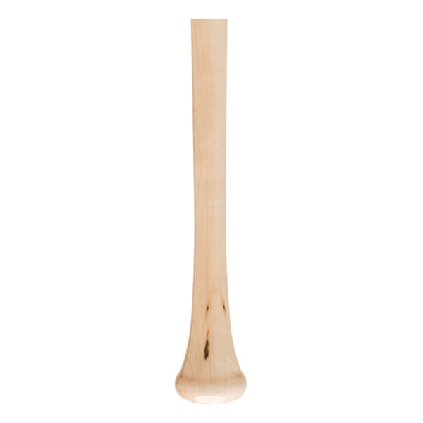 Front view of a light brown maple wood baseball bat with a tapered handle, rounded knob, and natural wood grain.