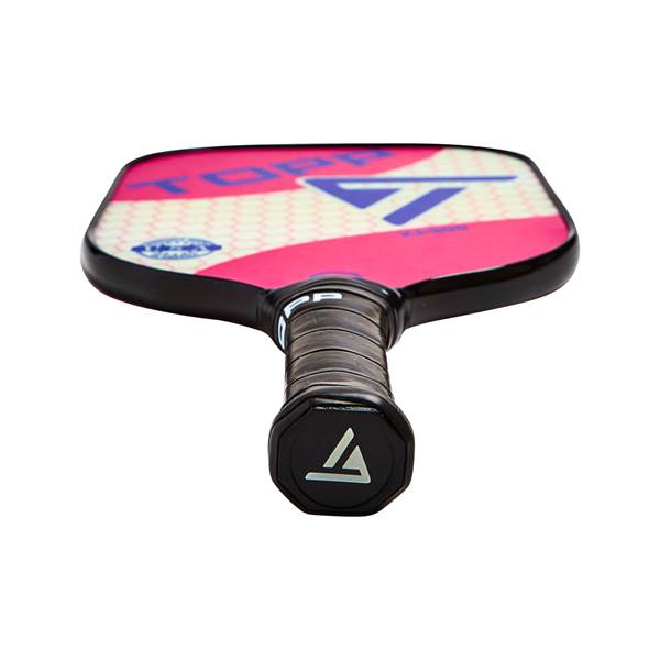 Top-down view of a pink and blue pickleball paddle with a black grip and a white triangle logo.