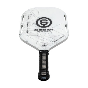 Front view of a white pickleball paddle with black geometric design, ONESHOT PICKLEBALL, and USA APPROVED.
