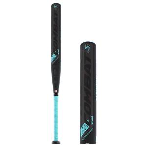 Side view of a black fastpitch softball bat with a light blue grip and COMBAT branding.