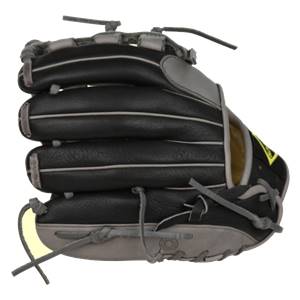 Side view of a black baseball glove with grey lacing and a yellow logo.