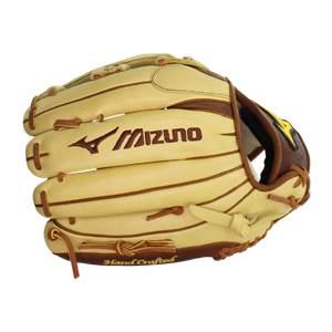 Front view of a tan baseball glove with brown Mizuno branding and Hand Crafted text.