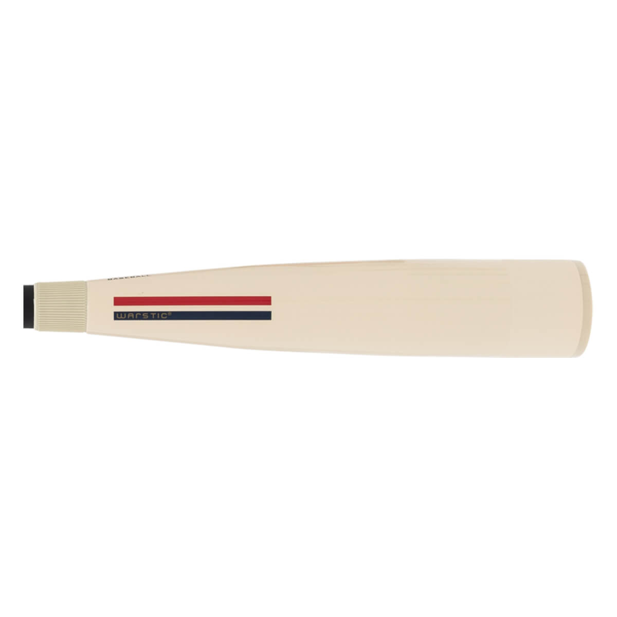 Side view of an off-white baseball bat with red and blue stripes, WARSTIC branding, and a black end cap.