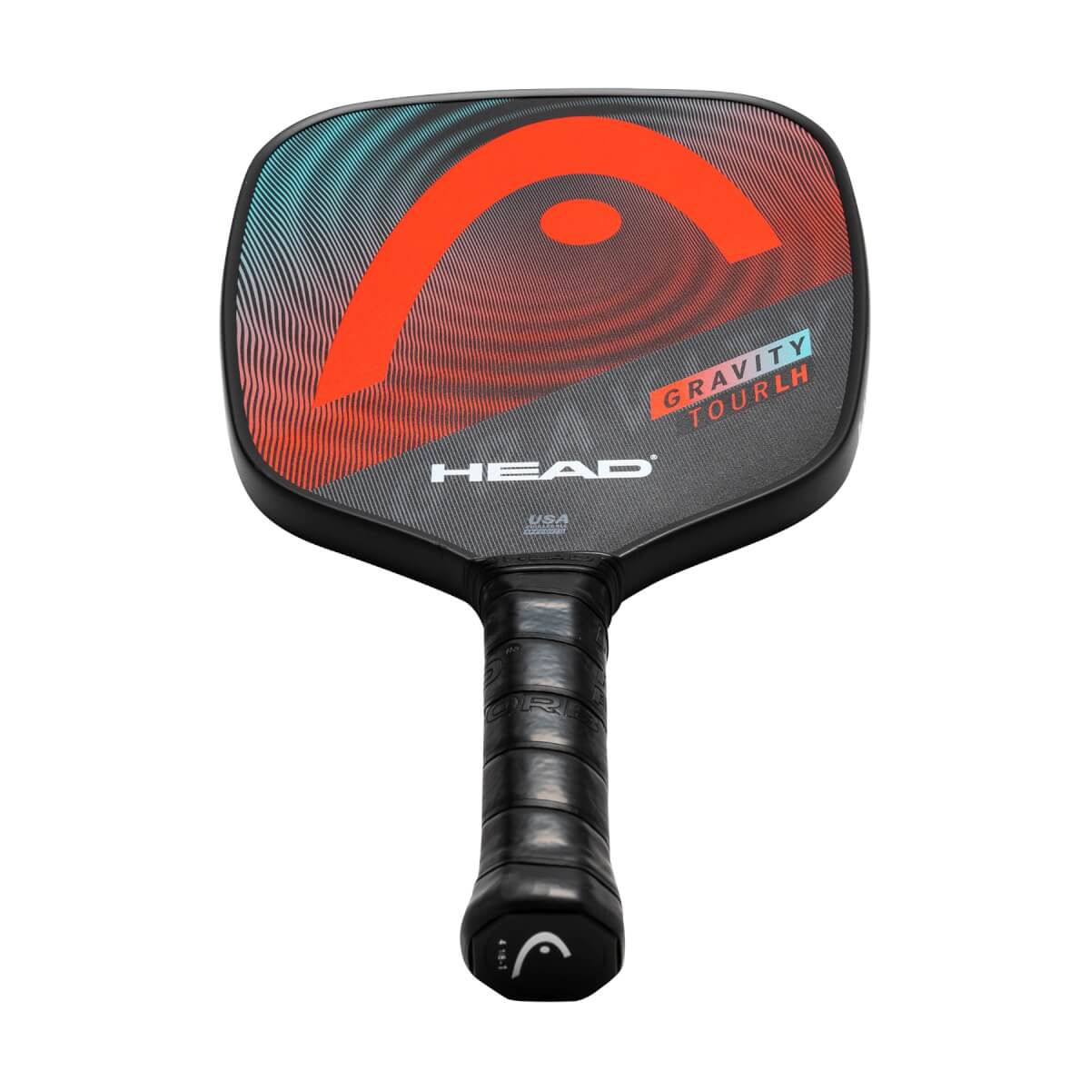 Front view of a black pickleball paddle with a large orange HEAD logo, GRAVITY TOUR LH text, and a gradient blue and red pattern.