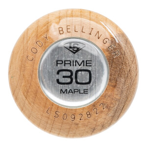 Top-down view of a natural wood baseball bat knob with a silver insert displaying PRIME 30 MAPLE and CODY BELLINGER engraved.