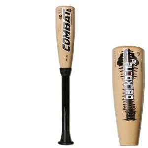Side view of a tan baseball bat with black COMBAT text and a black handle.