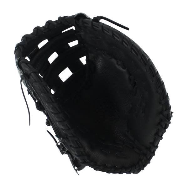 Top-down view of a black first base mitt with a mesh back and leather lacing.