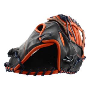 Top-down view of a black and orange first base mitt with navy lacing and orange binding.