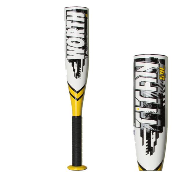 Front view of a white and yellow softball bat with black grip and WORTH text.