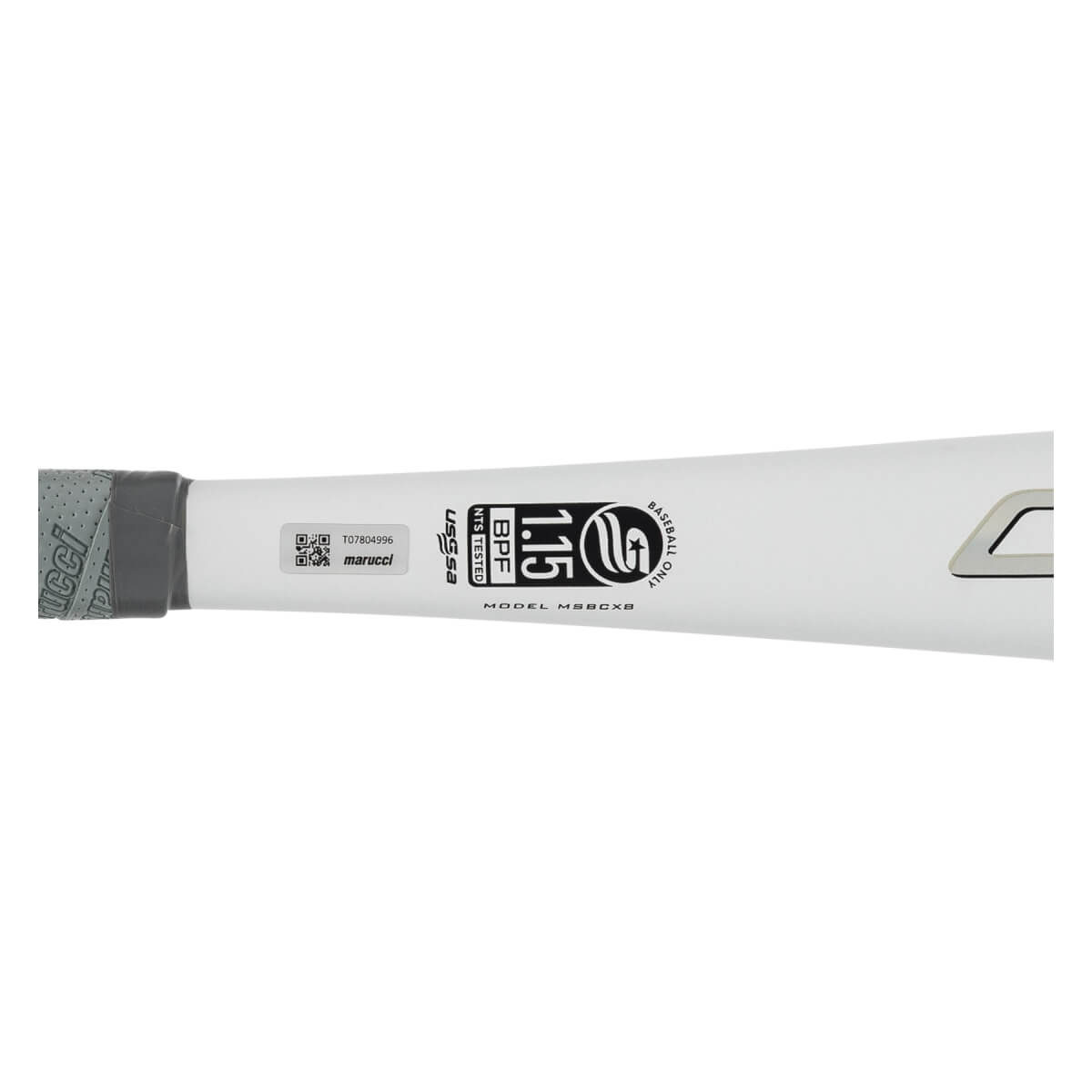 Side view of a white baseball bat with USSSA BPF 1.15 and Marucci branding.