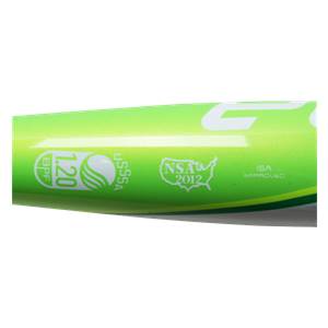 Side view of a green softball bat with BPF 1.20, USSSA, NSA 2012, and ISA APPROVED logos.