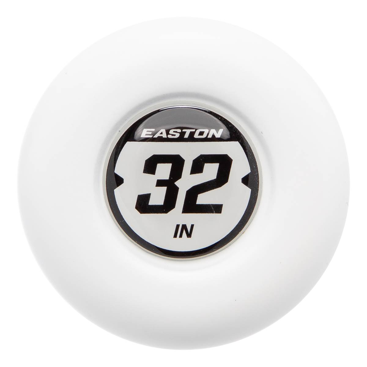 End cap view of a white baseball bat with EASTON and 32 IN branding.
