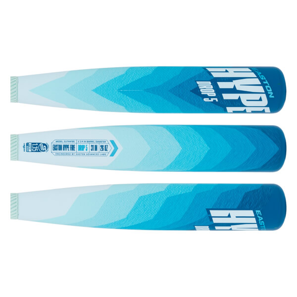 Side views of the Easton Hype Fire bat barrel feature a blue and white chevron gradient with bold "EASTON HYPE" and "DROP 5" text and 31 IN and 26 OZ specifications.