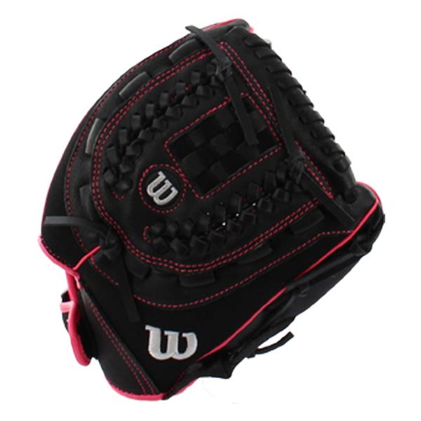 Top-down view of a black fastpitch glove with pink stitching and two Wilson logos.