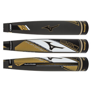Top-down view of a black baseball bat with gold Mizuno logo and B20 -10 text.