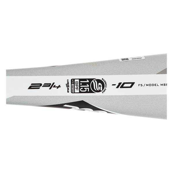 Side view of a silver baseball bat with USSSA, BPF 1.15, and -10 markings.
