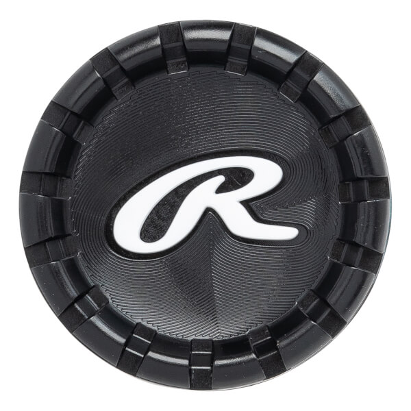 End cap view of a black baseball bat with a white Rawlings logo and textured rim.