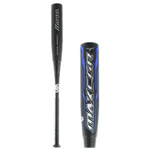 Side view of a black baseball bat with Mizuno and MAXCOR branding.