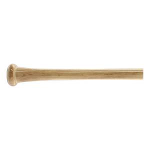 Side view of a light brown maple baseball bat with a rounded knob and smooth barrel.