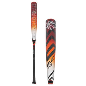 Full-length and close-up views of the Louisville Slugger Select PWR bat featuring a red and orange gradient design with "LOUISVILLE" and "SELECT PWR" printed on the barrel.