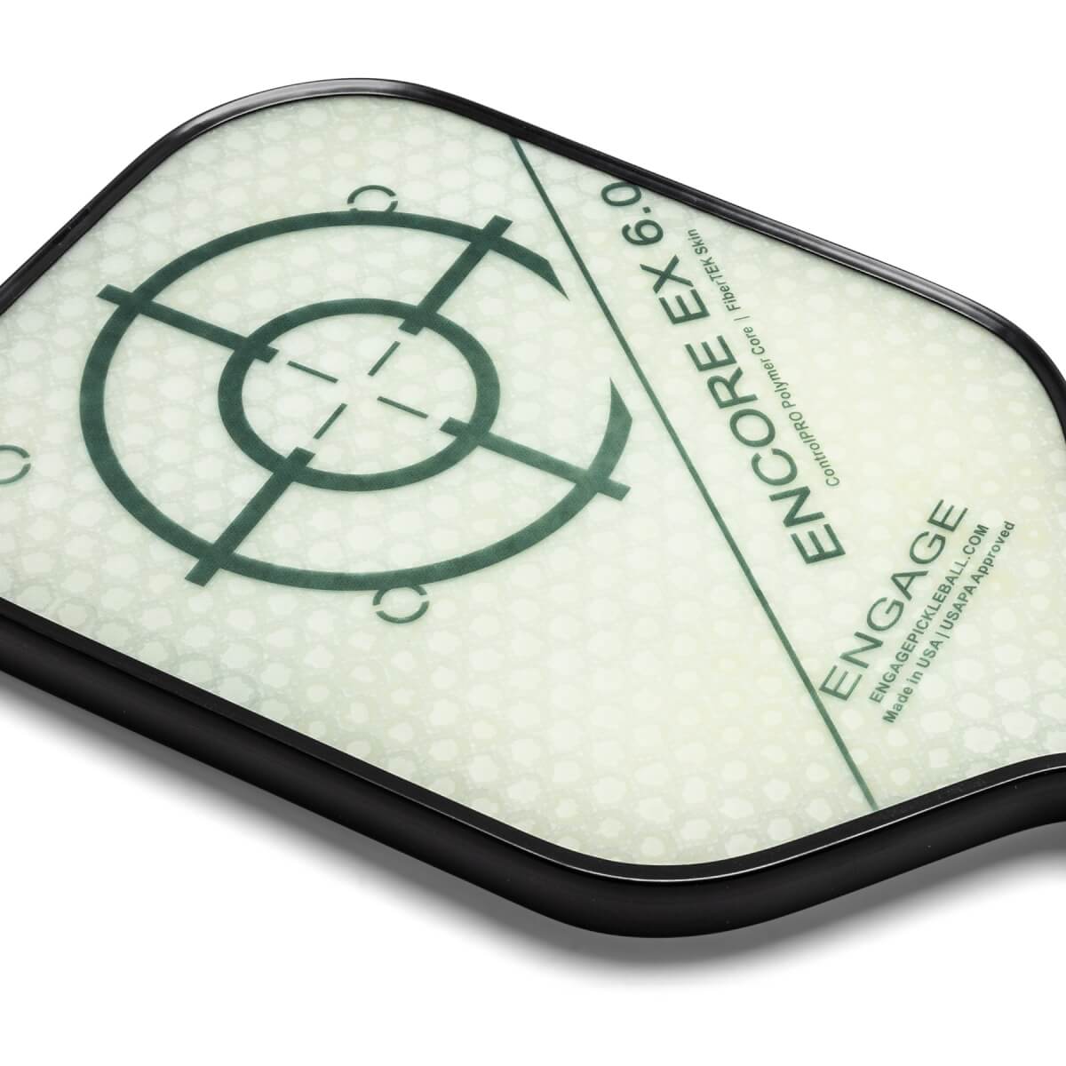 Top-down view of a white pickleball paddle with a green target and ENGAGE ENCORE EX 6.0 text.