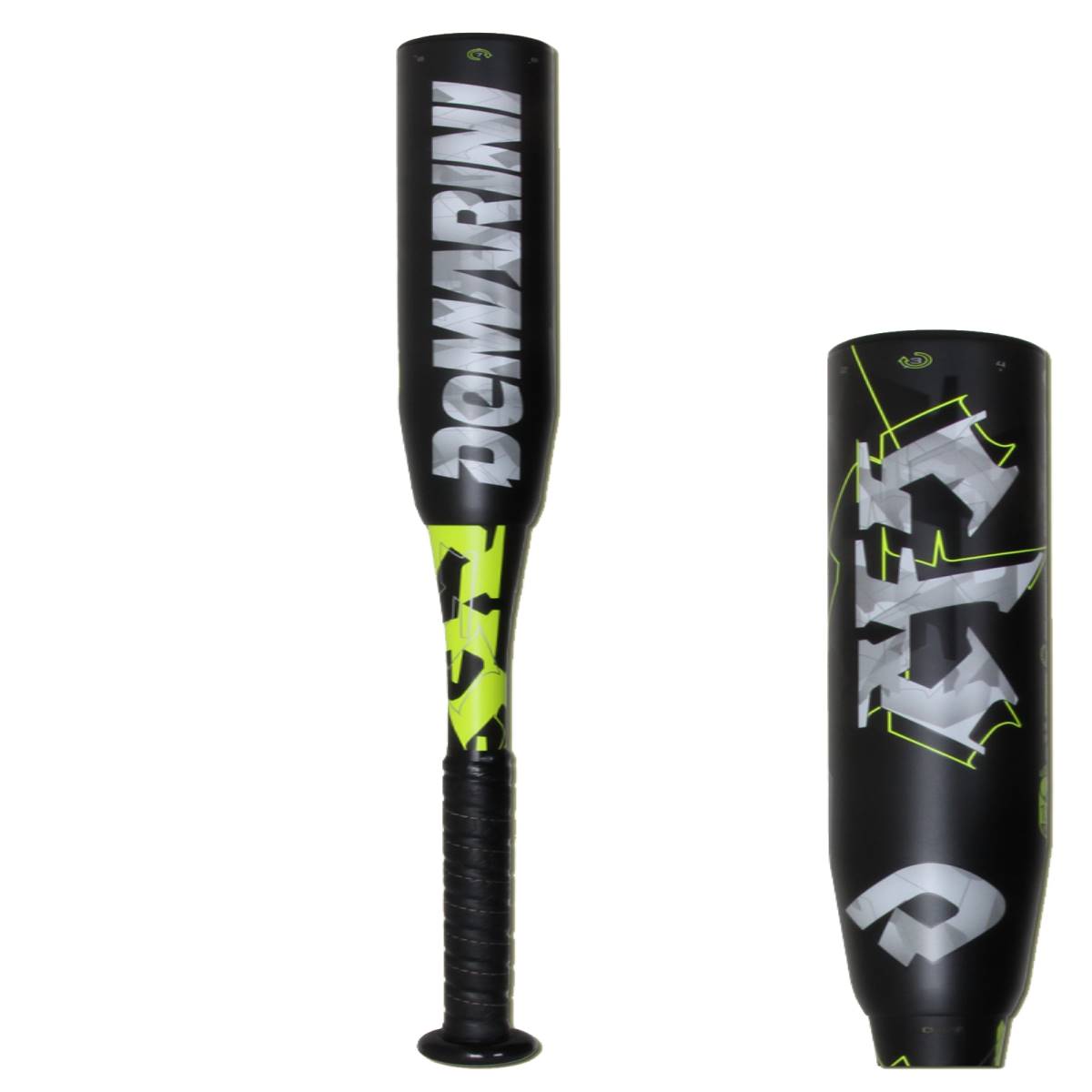 Front view of a black baseball bat with DeMarini branding and neon green graphics.