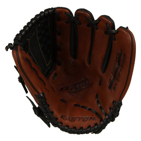 Top-down view of a brown Easton Rival fastpitch glove with black lacing and RIVAL branding.