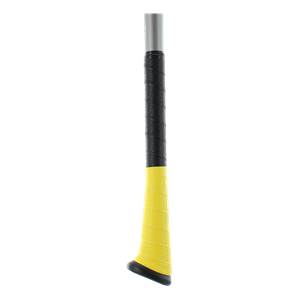 Close-up of a silver baseball bat with black and yellow textured grips.