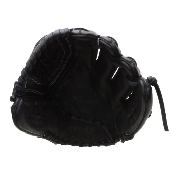 Top-down view of a black fastpitch glove with white stitching and a leather lacing system.