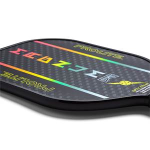Corner view of a black pickleball paddle with rainbow spectrum text and a textured surface.