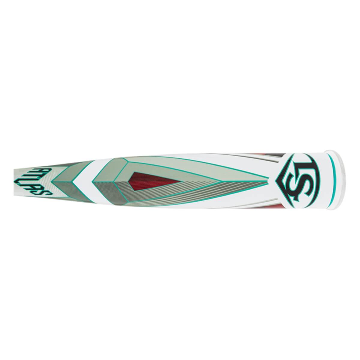 Side view of a white baseball bat with ATLAS text, an LS logo, and a geometric teal and red design.