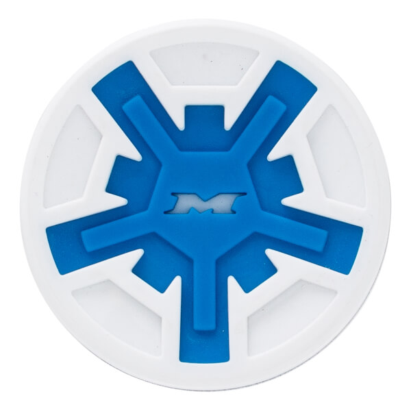 Close-up view of the circular end cap featuring a white background and a blue five-pointed geometric shape with a stylized letter "M" in the center.