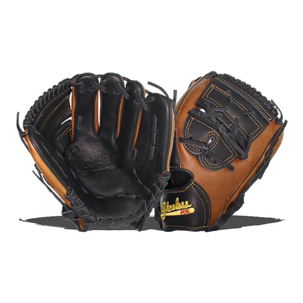 Front view of black and tan baseball gloves with Shoeless Joe branding.