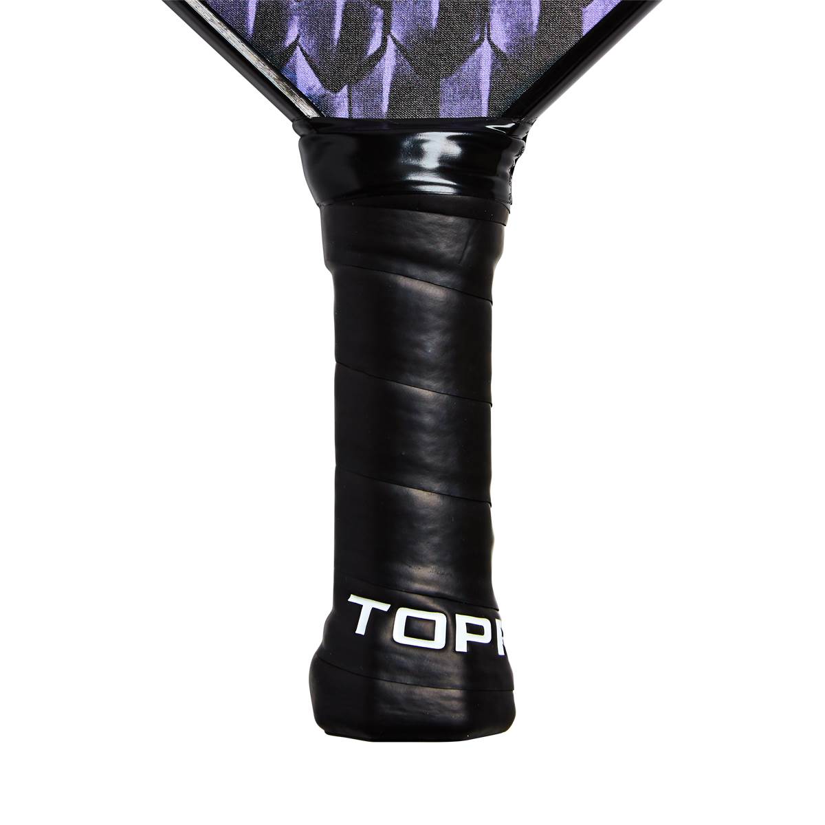 Bottom view of a black pickleball paddle with a textured grip and white TOP lettering.