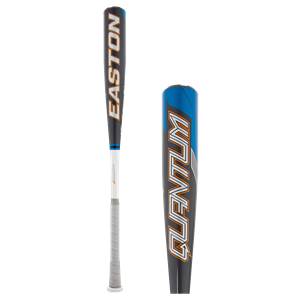 Side view of a black baseball bat with blue and orange QUANTUM text and EASTON branding.