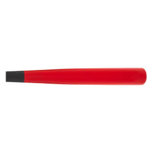 Side close-up view of the wood softball bat featuring a glossy red barrel and a section of the black handle.