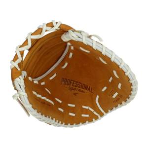Top-down view of a tan first base mitt with white lacing and PROFESSIONAL - Softball Collection branding.