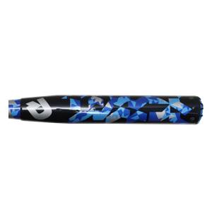 Side view of a black baseball bat with blue and silver geometric pattern and a white R logo.