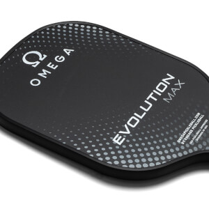 Corner view of a black pickleball paddle with white Omega logo, EVOLUTION MAX text, and a dotted pattern.